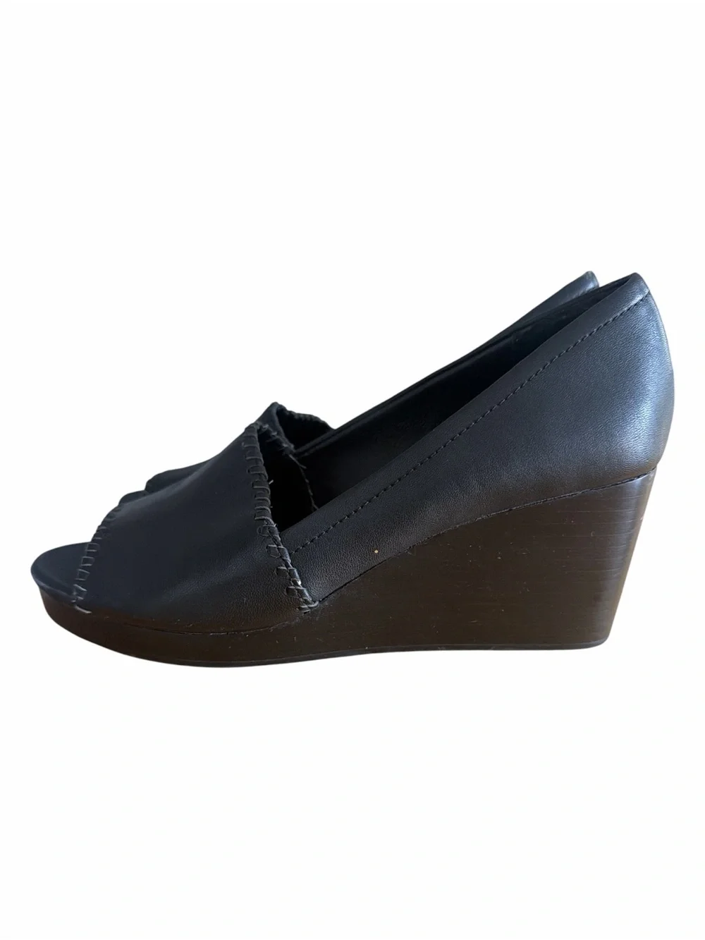 Jack Rogers Black Leather Peep-Toe Wedge Sandals